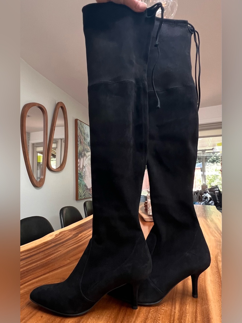 Stuart Weitzman Black Suede Knee-High Pointed Toe Kitten Heel Boots